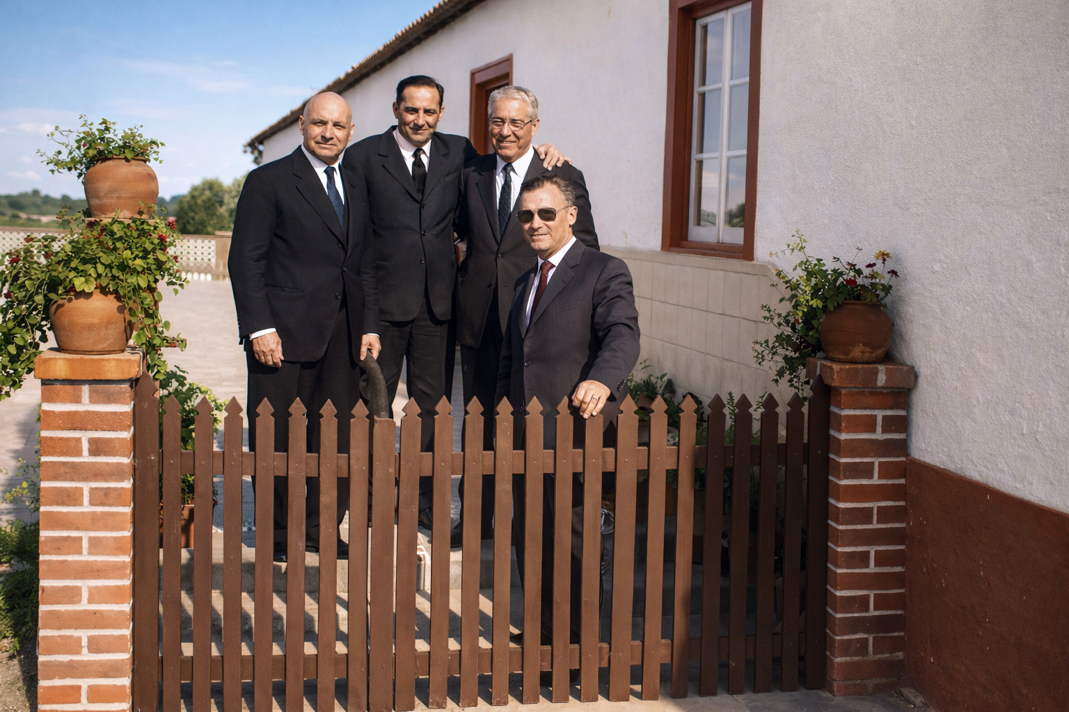 Homens à frente de casa tradicional