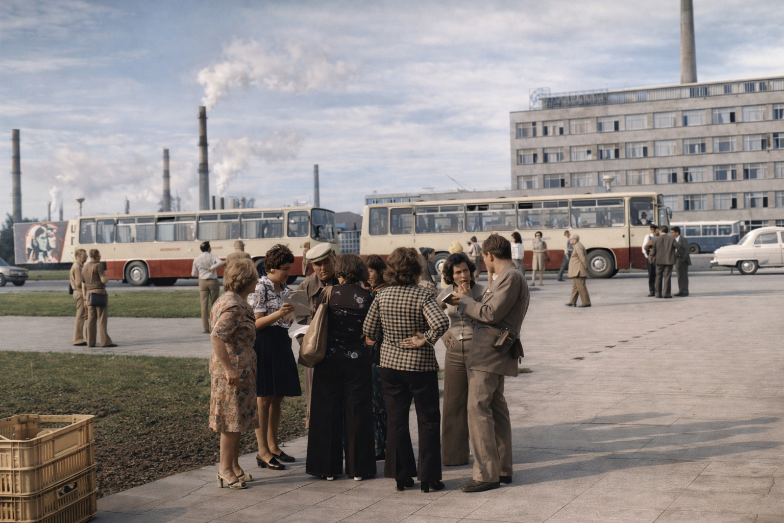 Encontro de 1970s em cenário industrial