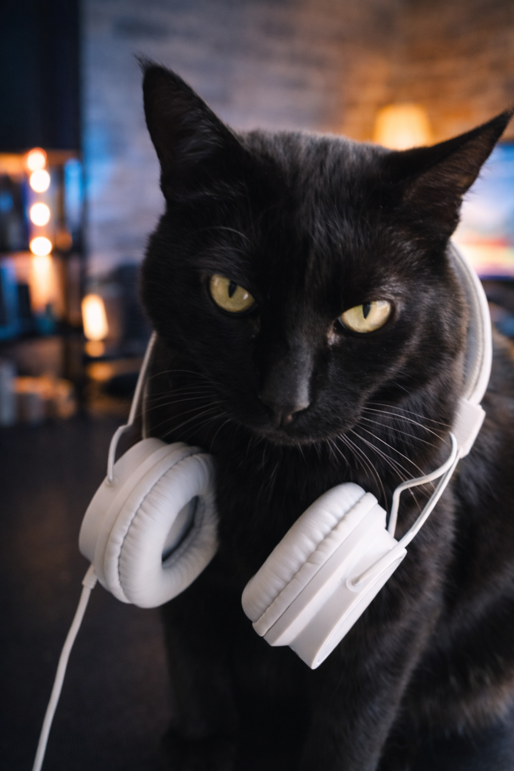 Gato elegante com fones brancos