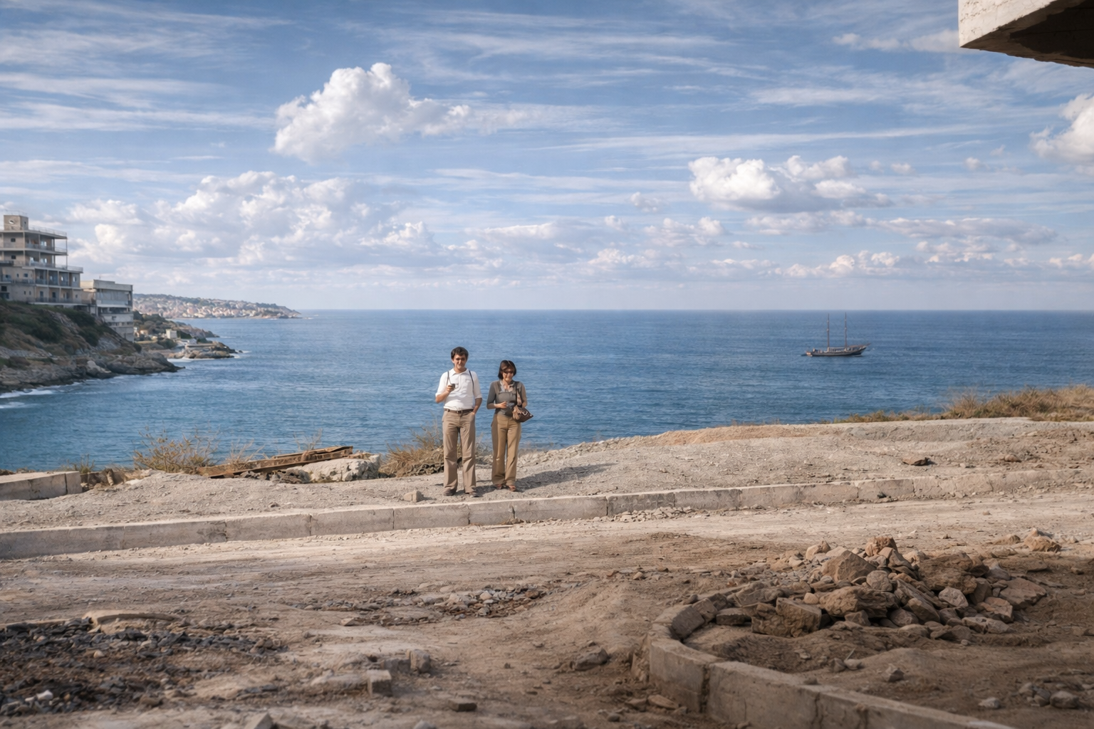 Casal no canteiro de obras à beira-mar