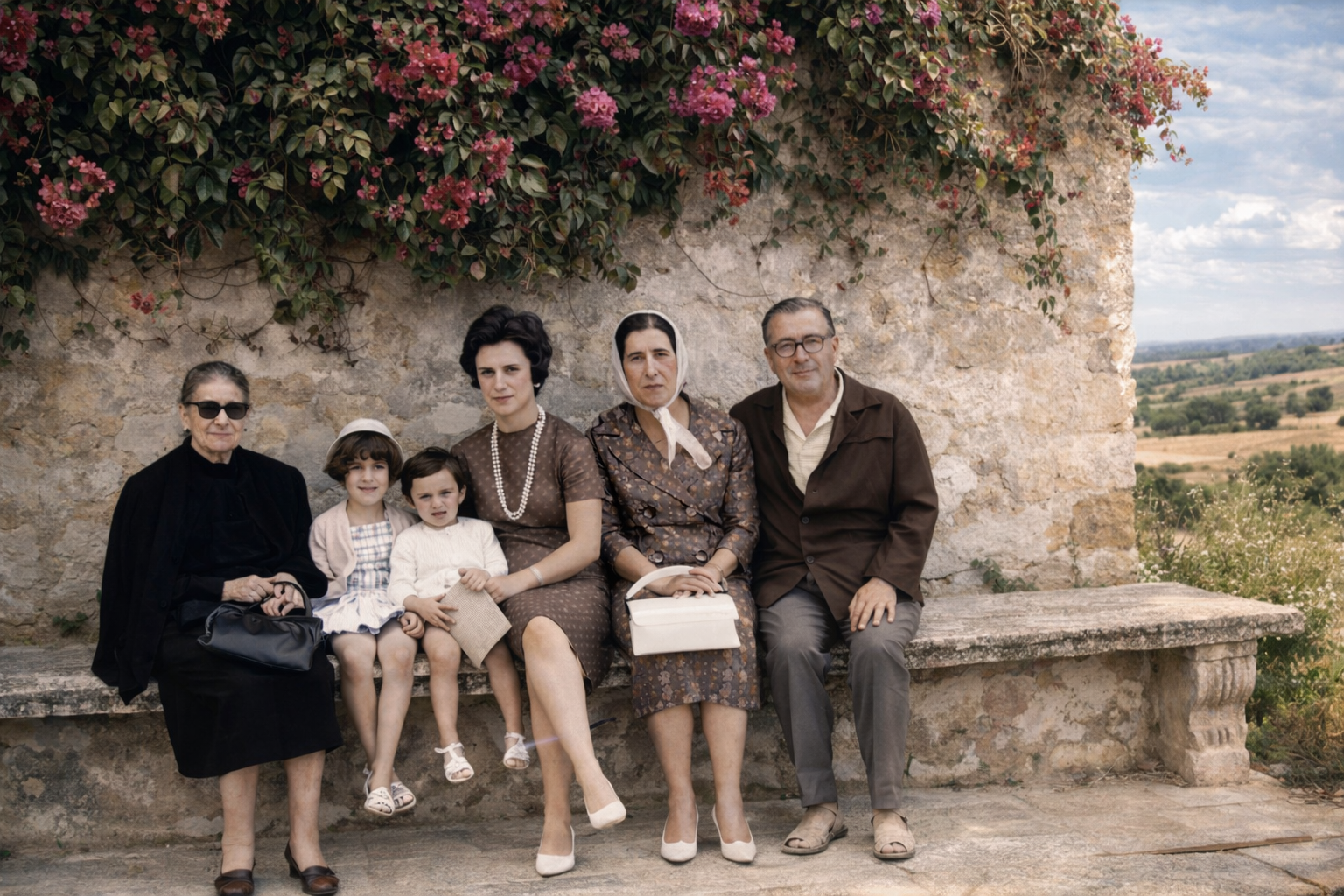 Família à sombra das buganvílias