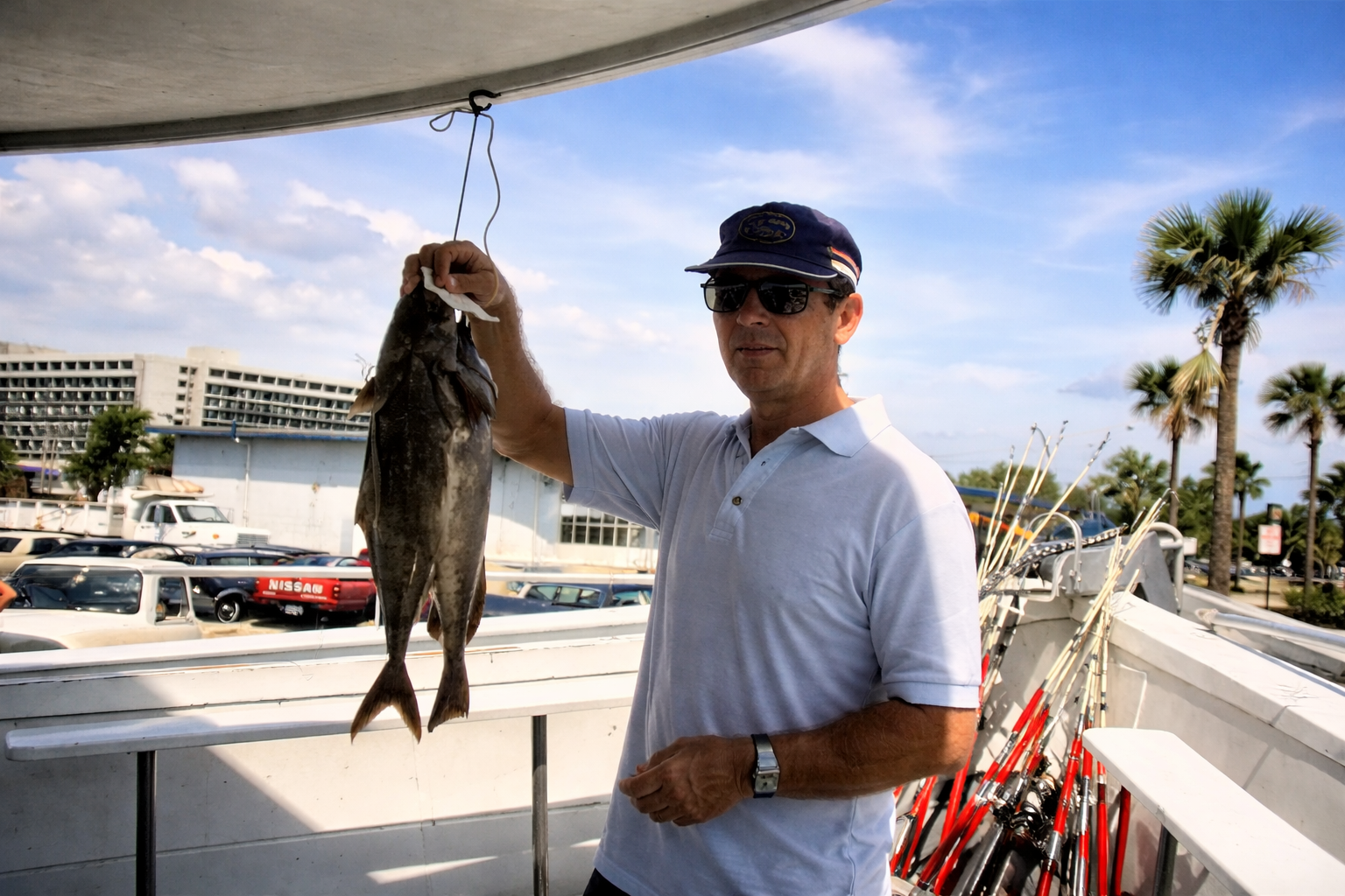 Homem no barco com grande peixe