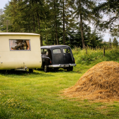 Caravana vintage e carro clássico no campo