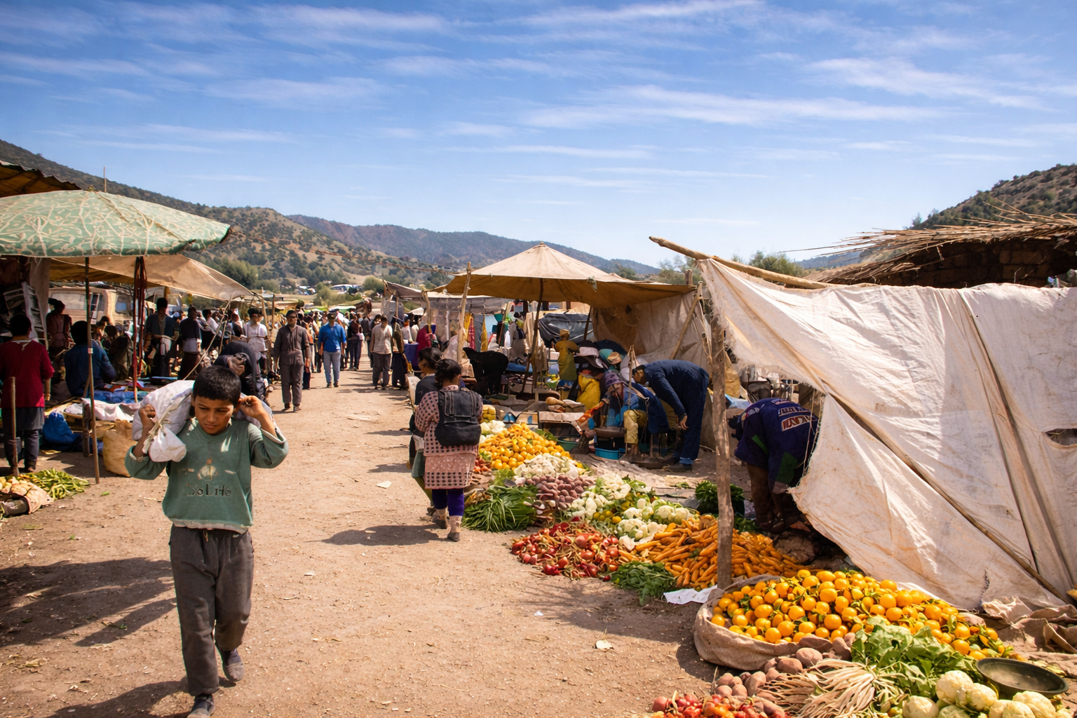 Mercado rural com paisagem montanhosa
