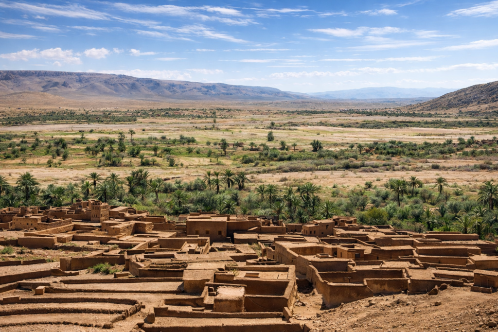Aldeia Berber com oásis no horizonte