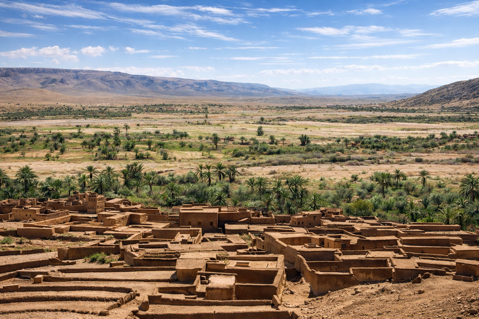Aldeia Berber com oásis no horizonte