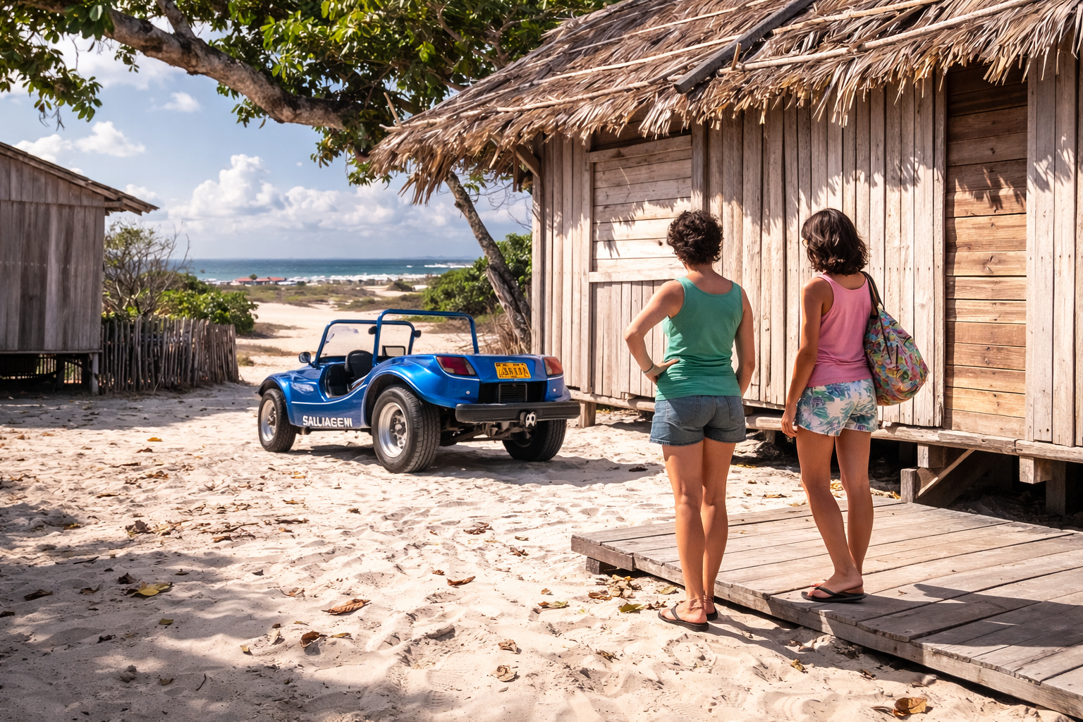 Mulheres na praia com buggy azul