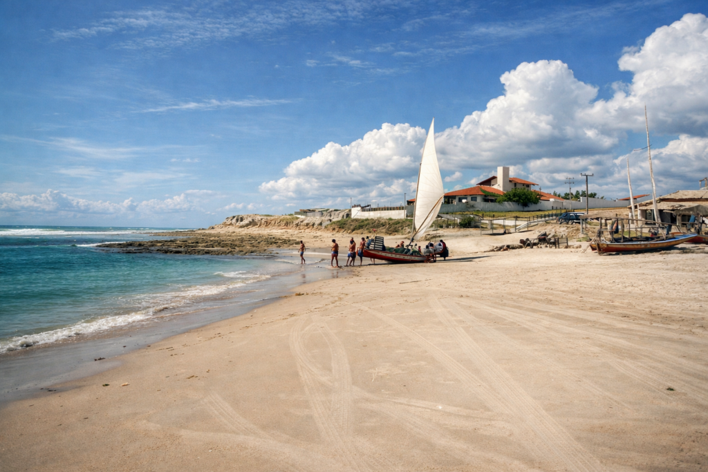Praia tranquila com veleiro e família
