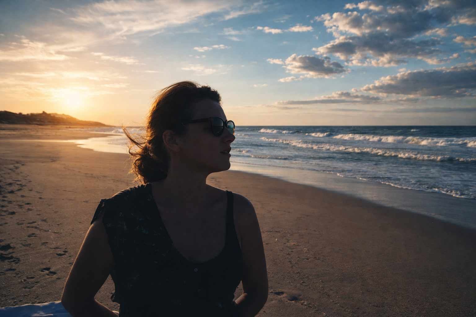 Mulher à beira-mar ao pôr do sol
