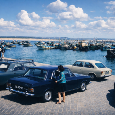Cena de porto com carros clássicos