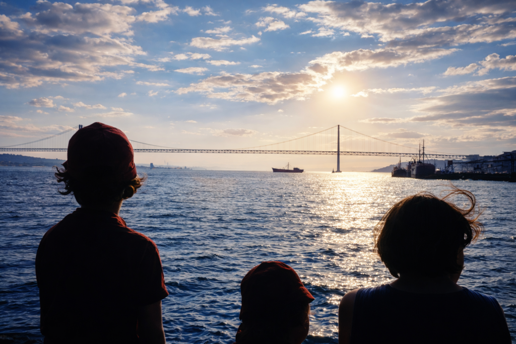 Crianças à beira-mar com ponte