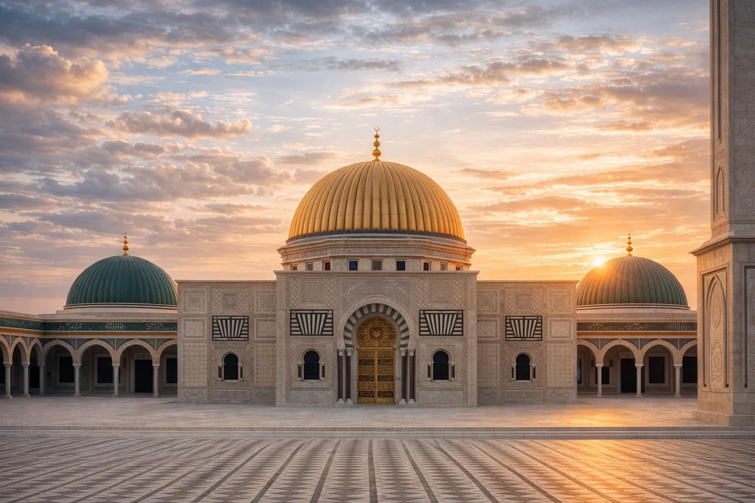 Mesquita ao amanhecer com domos dourados
