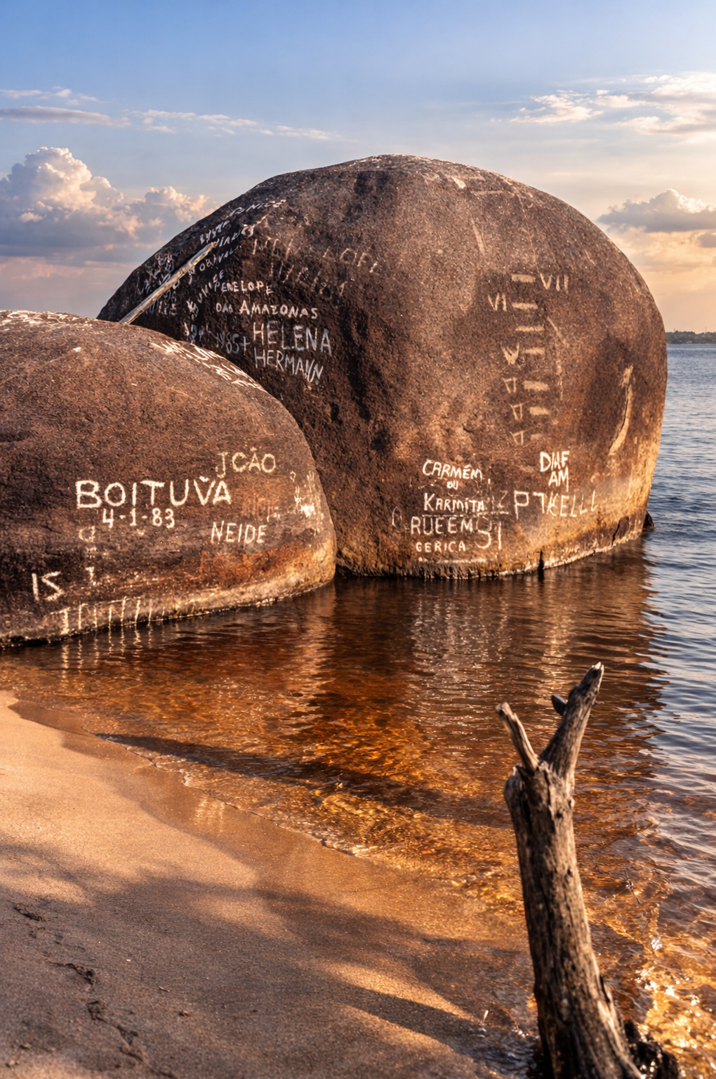 Pedras grafitadas à beira do lago