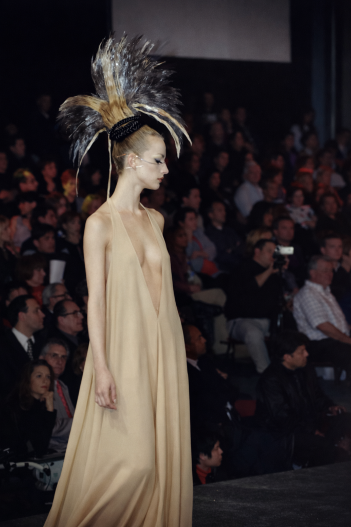Desfile de moda elegante com plumas