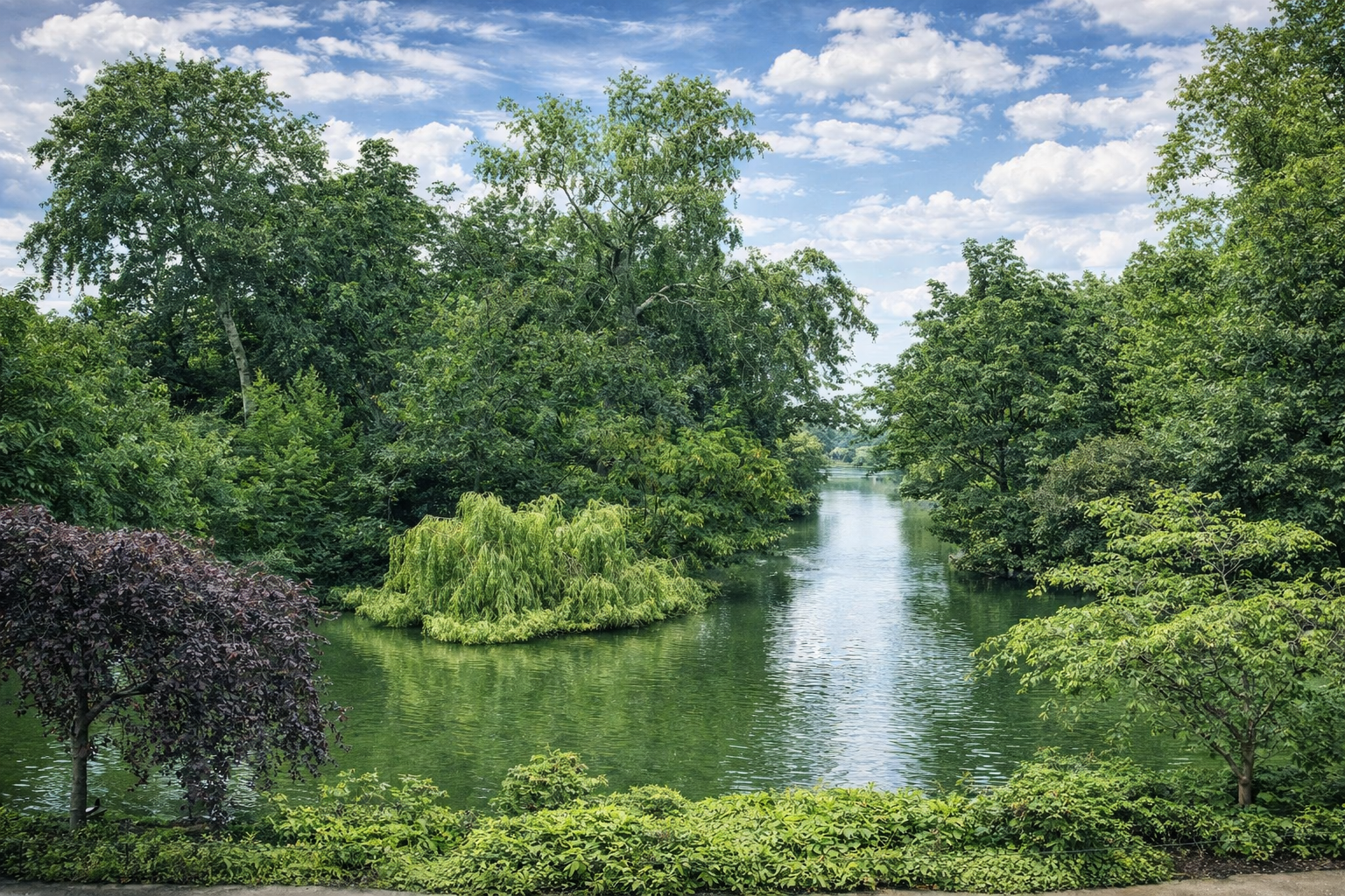 Pond sereno em parque verdejante