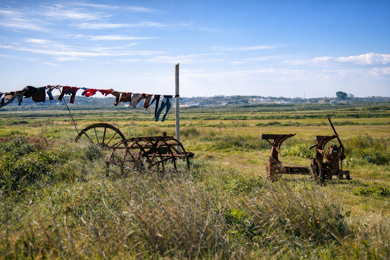 Paisagem rural com maquinaria e roupa a secar