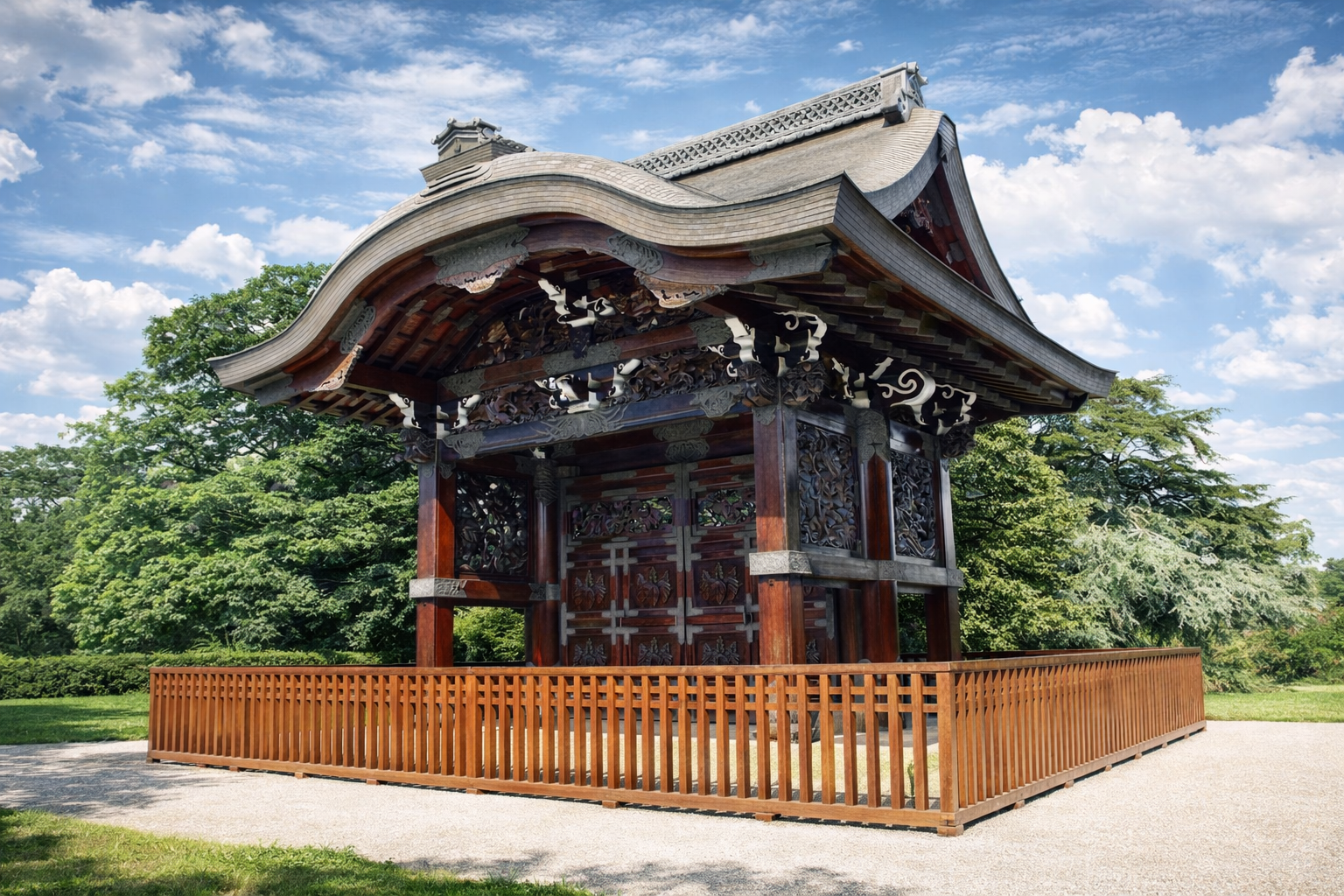 Pavilhão japonês em parque verdejante