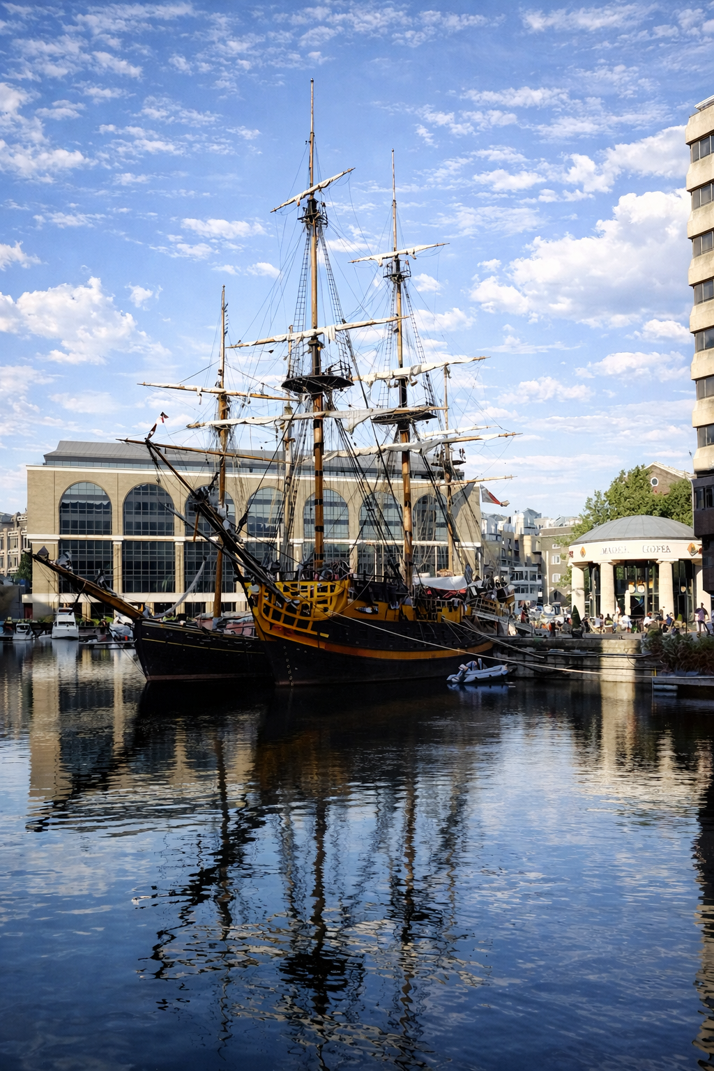 Navio histórico no porto urbano