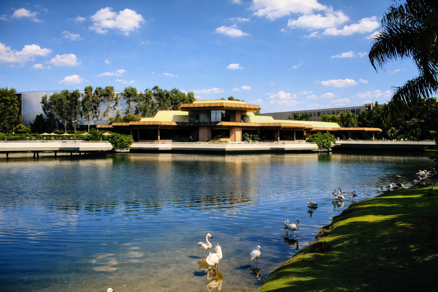Pavilhão moderno sobre o lago tranquilo