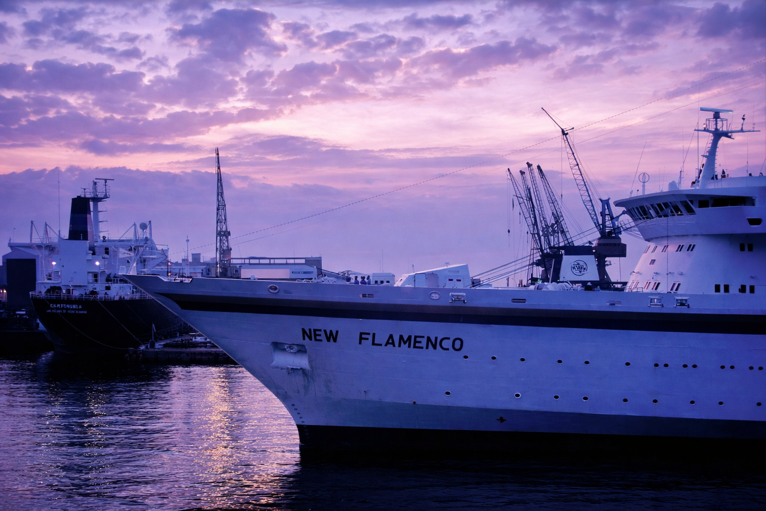 Navio "NEW FLAMENCO" ao anoitecer