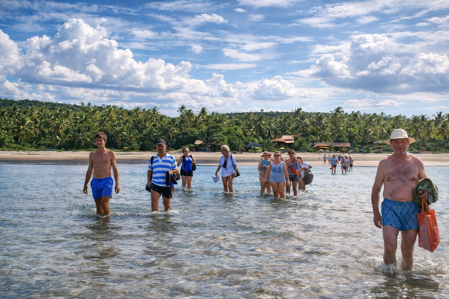 Turistas na água cristalina da praia