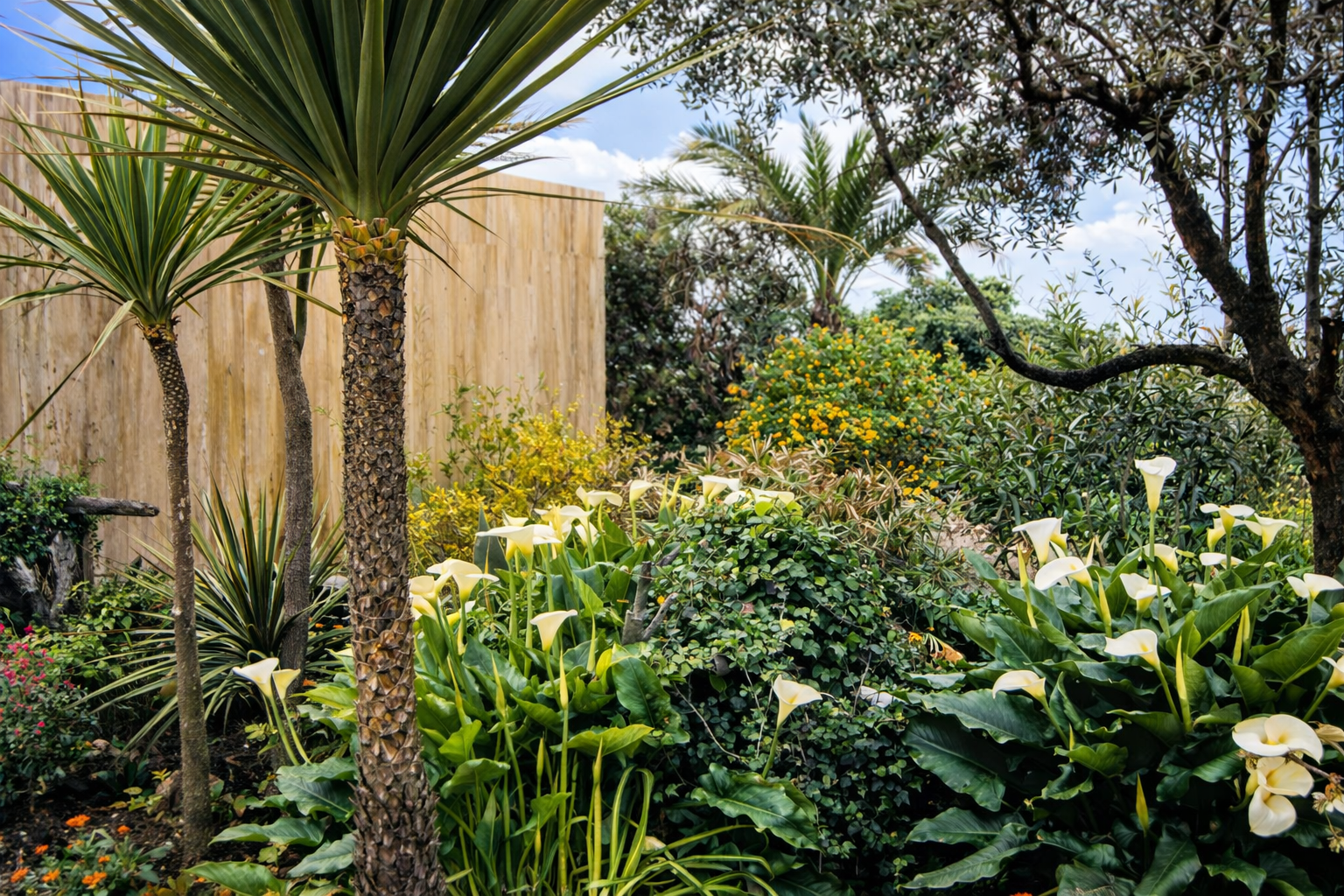 Jardim tropical e mediterrânico em harmonia