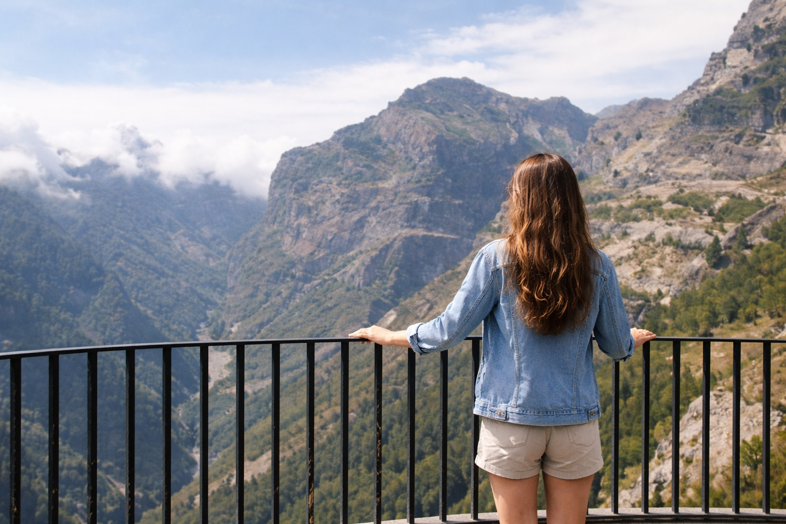 Mulher contempla paisagem montanhosa sobre o miradouro