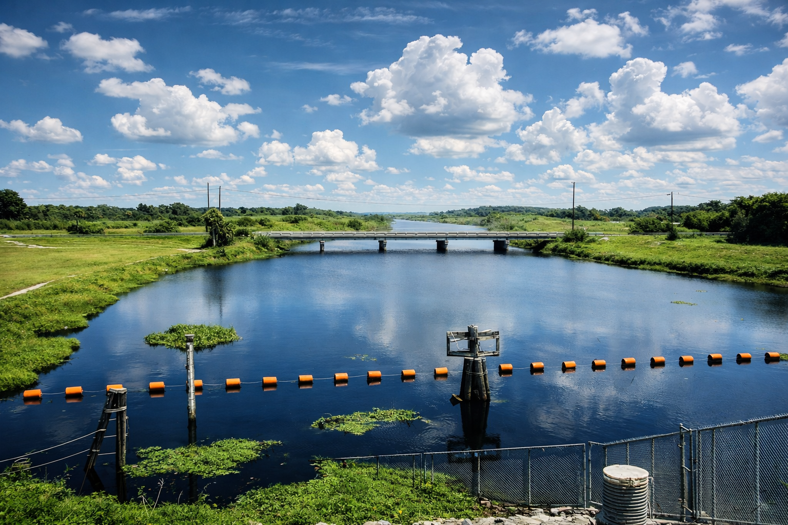 Paisagem serena com ponte e bóias