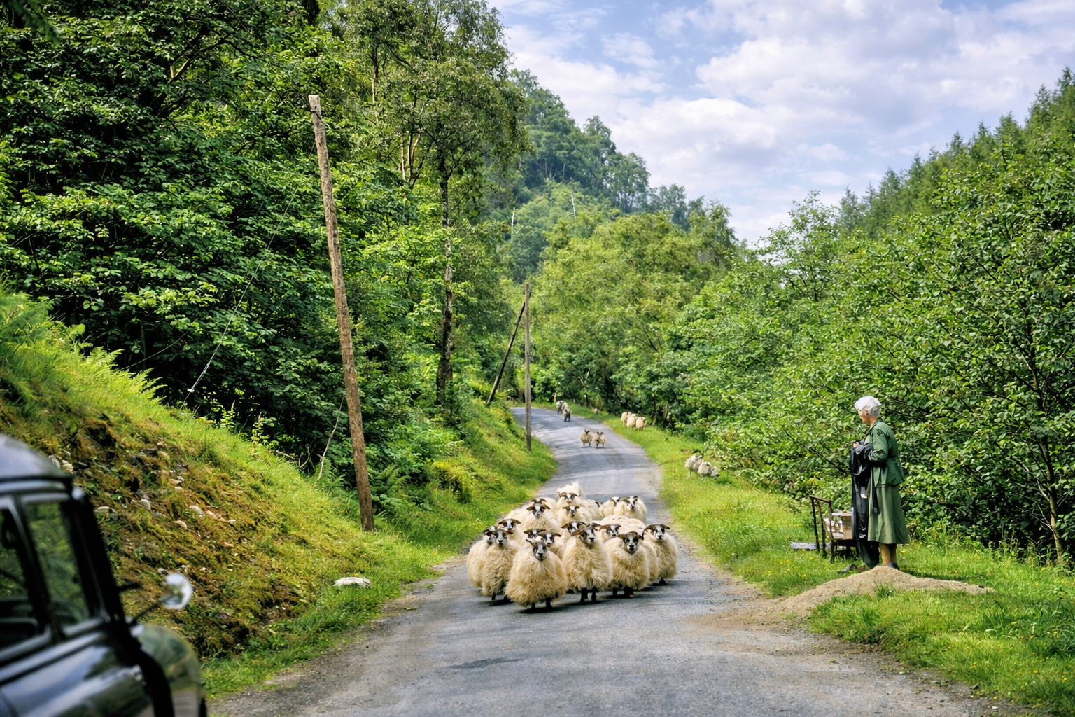 Ovelhas na estrada rural com mulher sénior