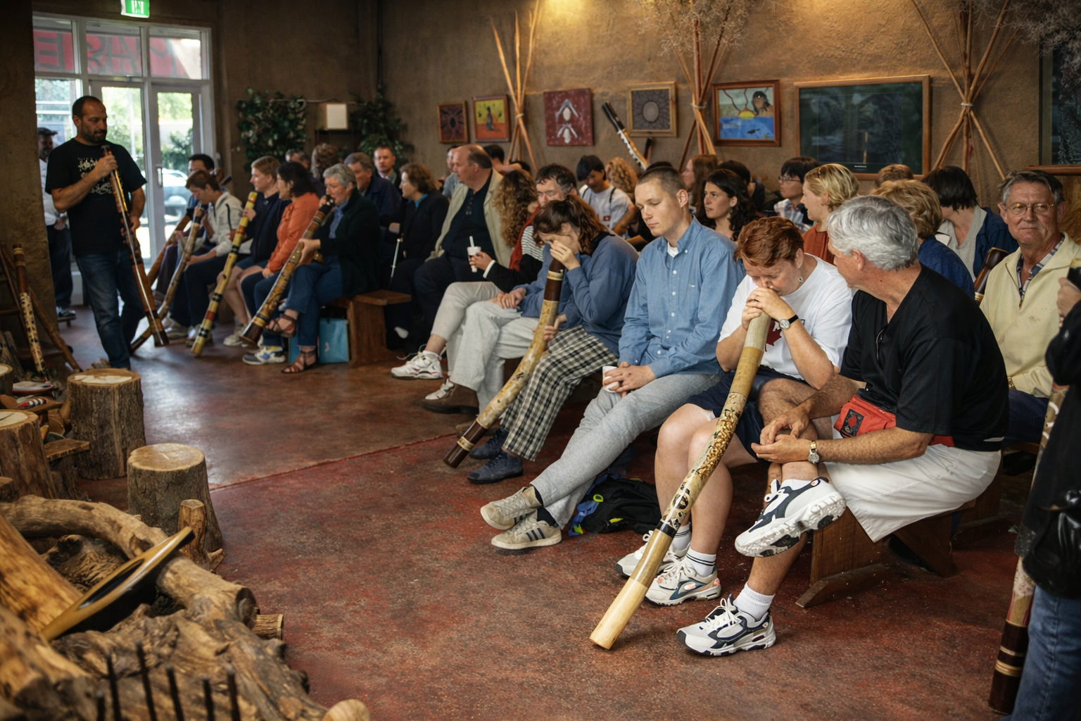 Audiência atenta em workshop de didgeridoo