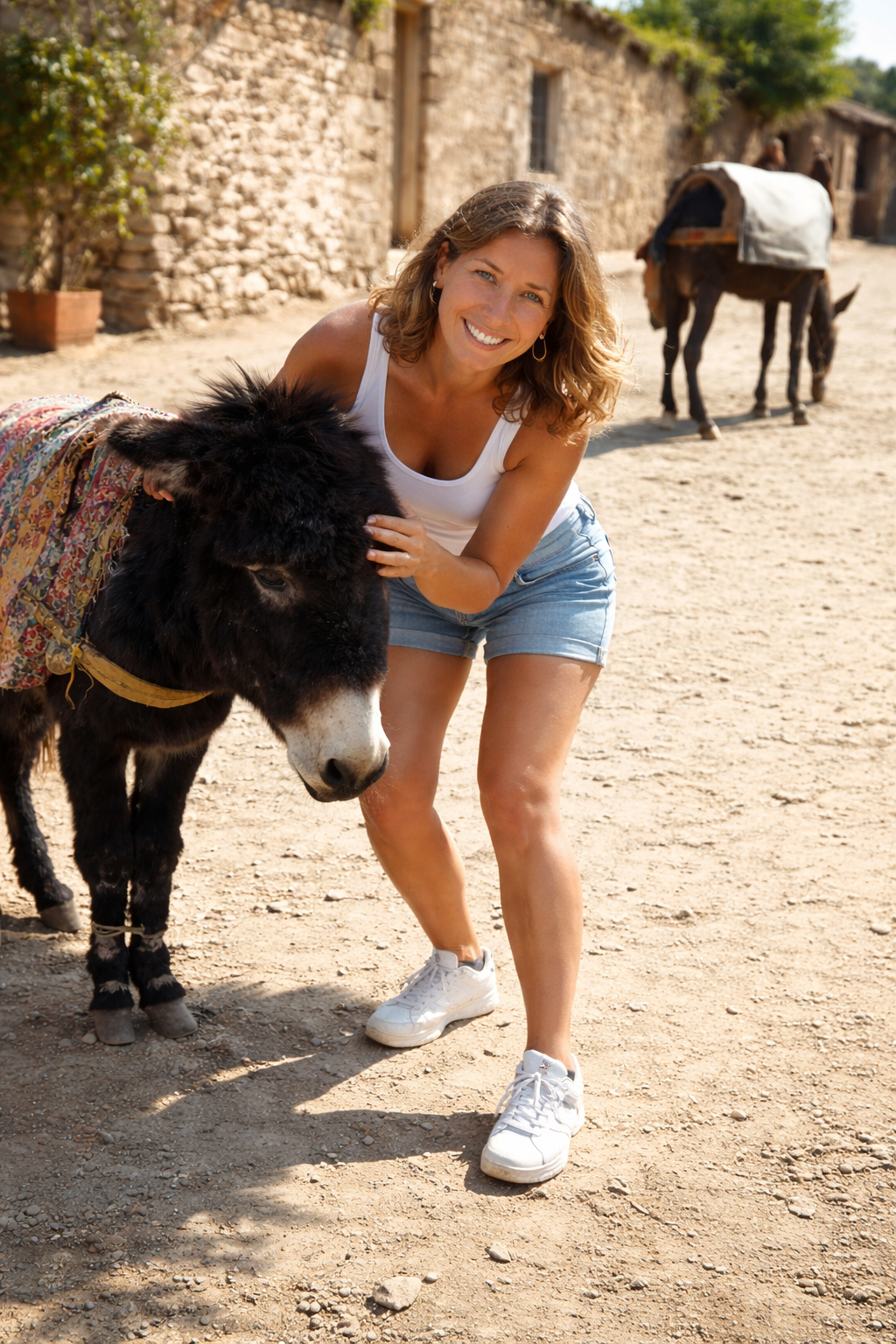 Mulher acariciando um burro no campo