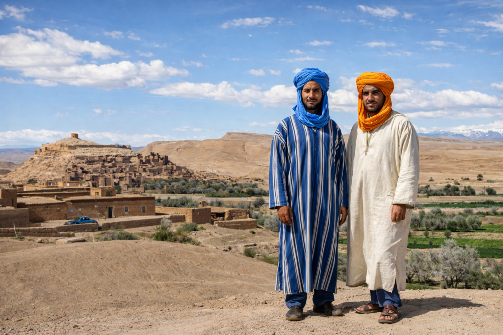 Homens berberes e vila antiga no deserto