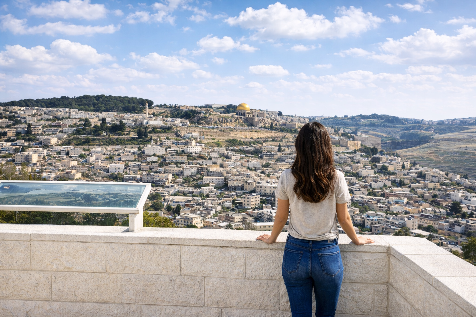 Mulher observando Jerusalém do alto