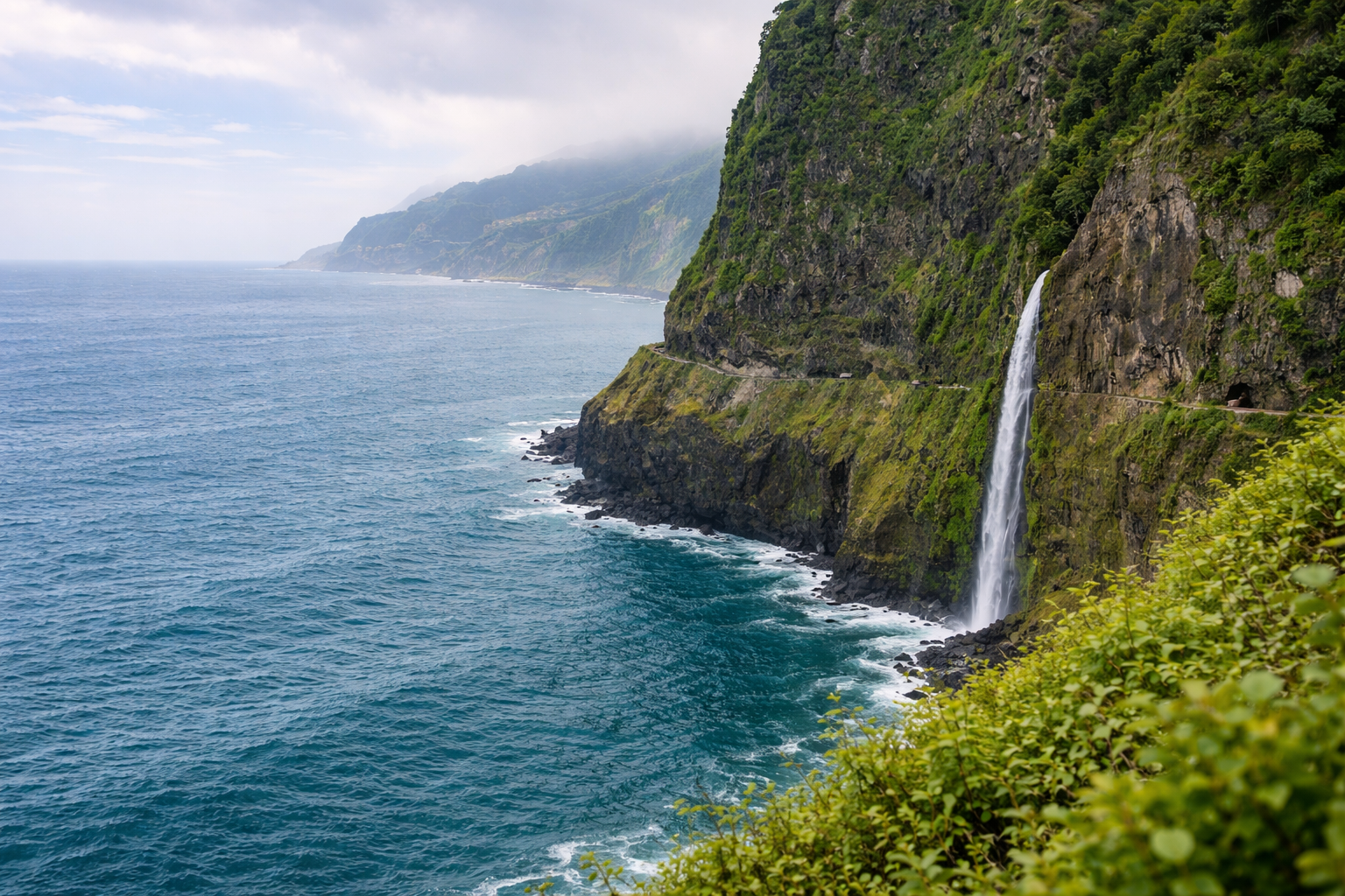 Cascata e estrada na falésia