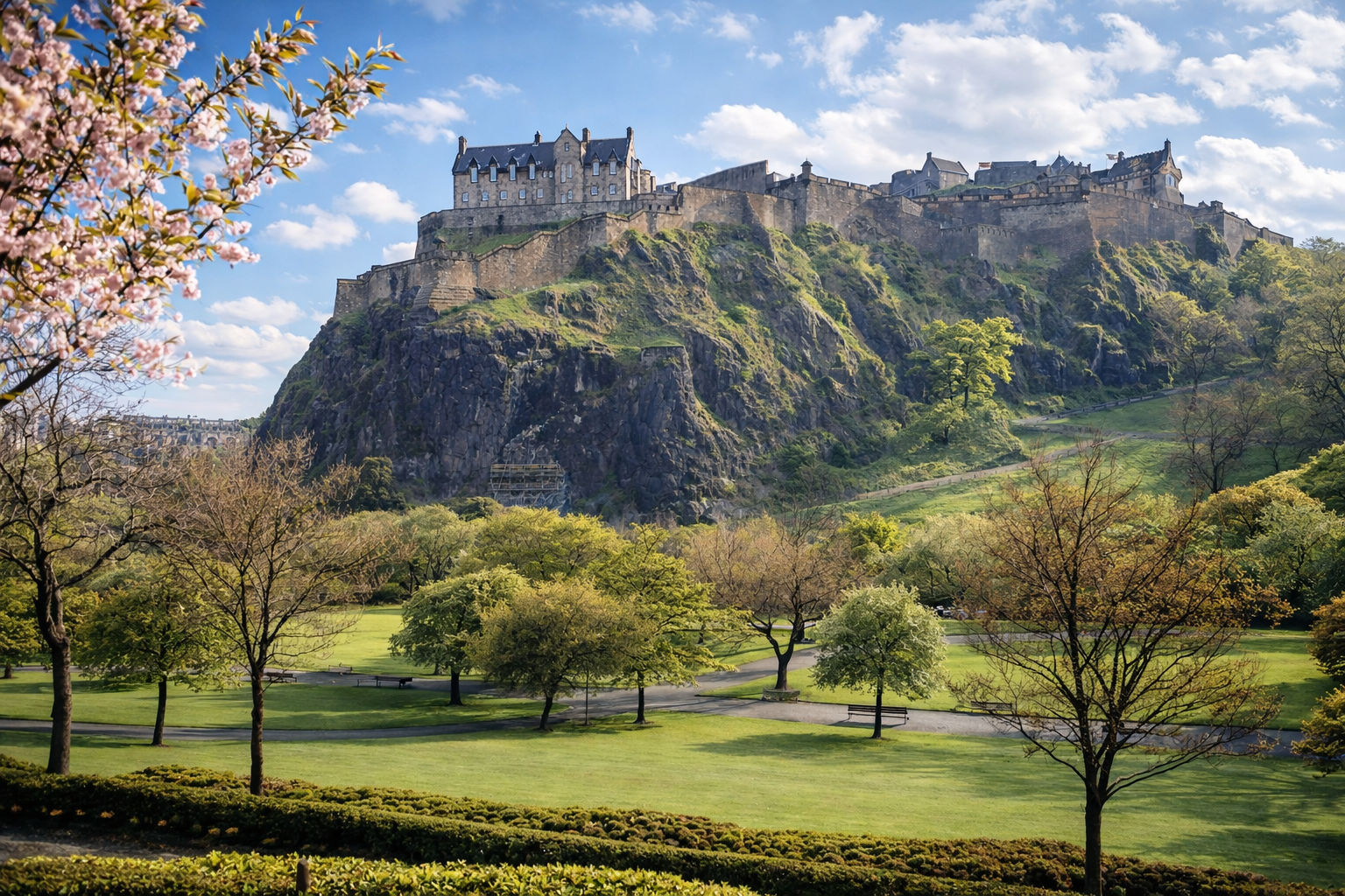 Castelo de Edimburgo e flores de cerejeira