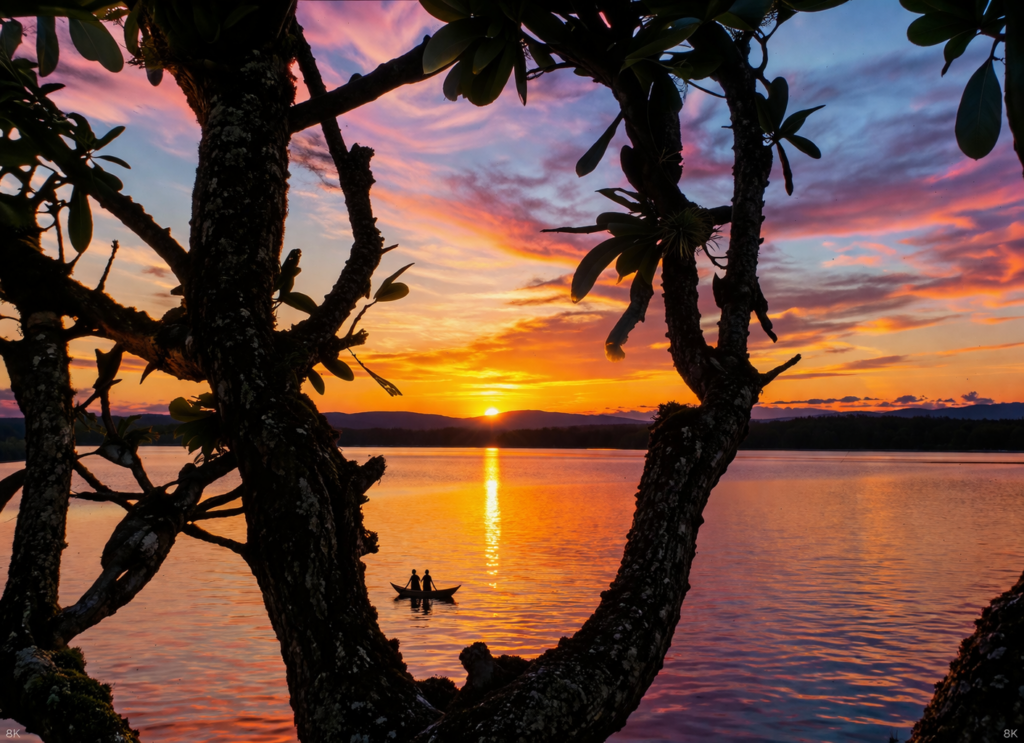Pôr do sol sobre o lago tranquilo