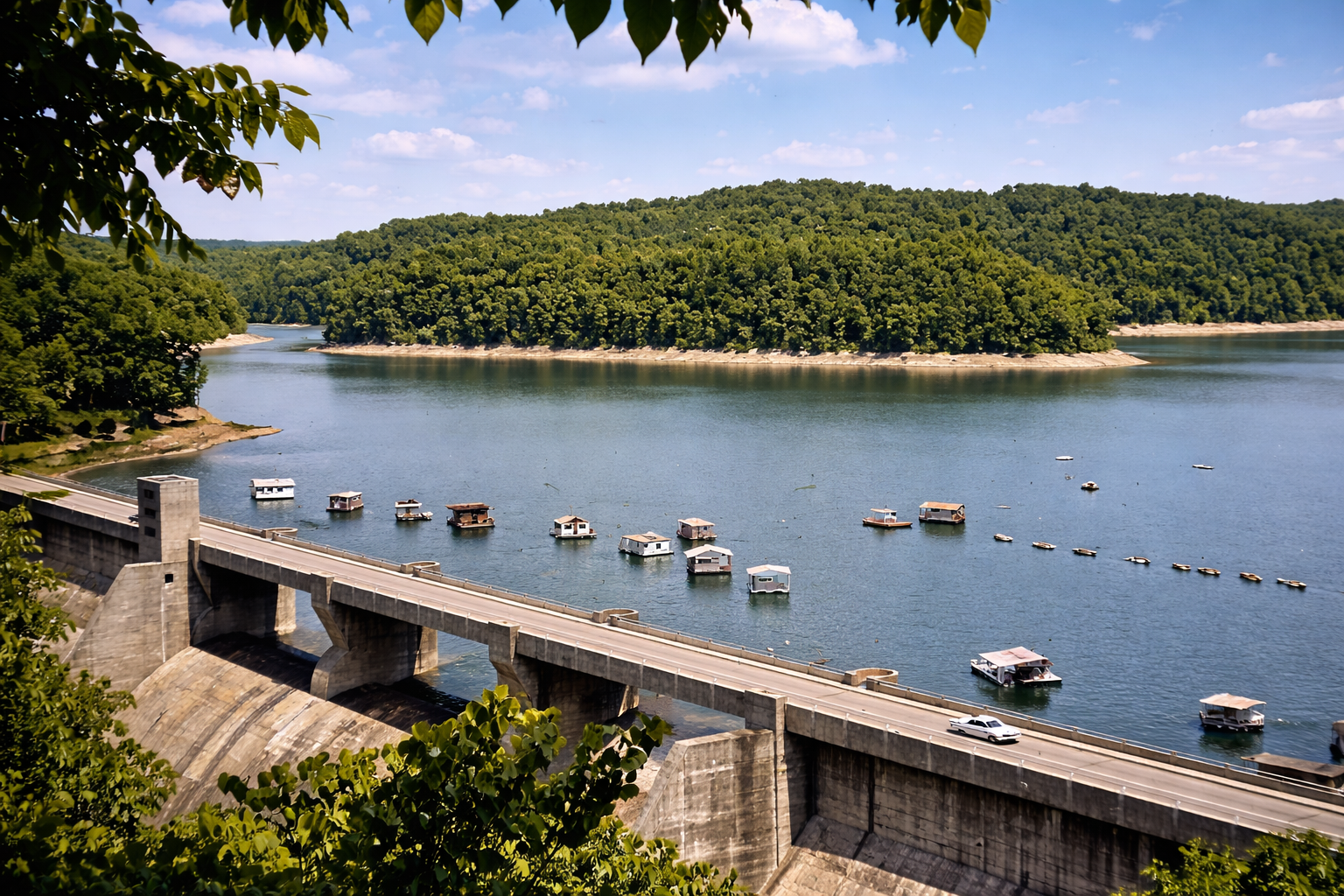 Barragem e casas flutuantes no lago