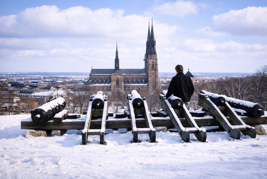 Canhões na neve e catedral gótica
