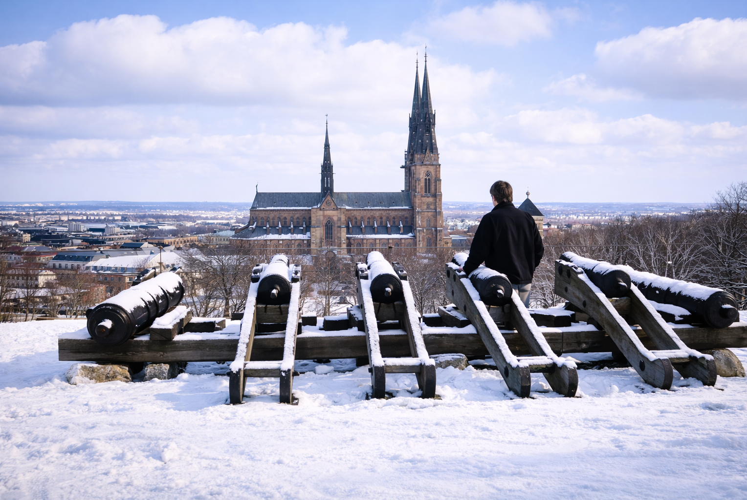 Canhões na neve e catedral gótica