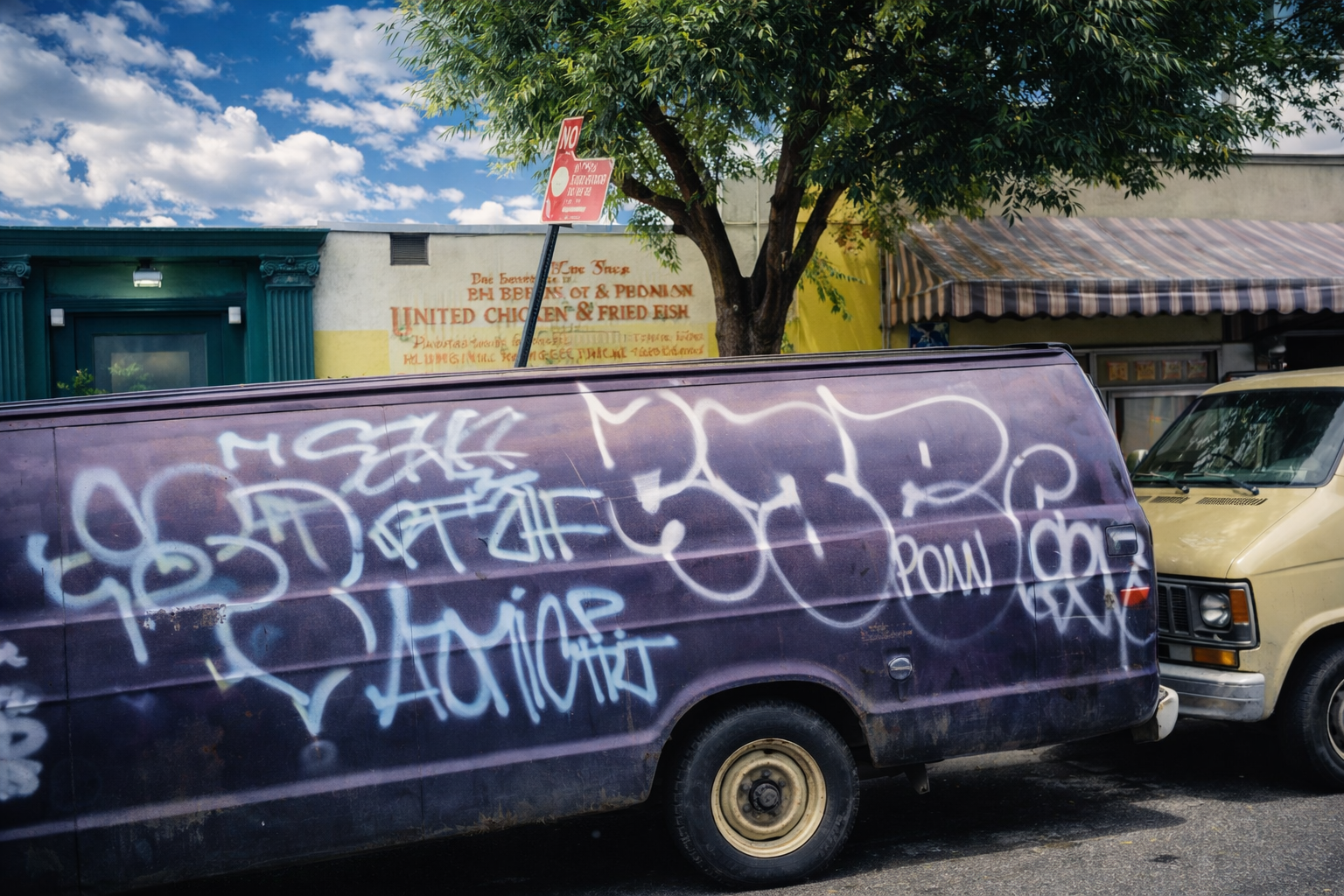 Furgão vandalizado na rua urbana
