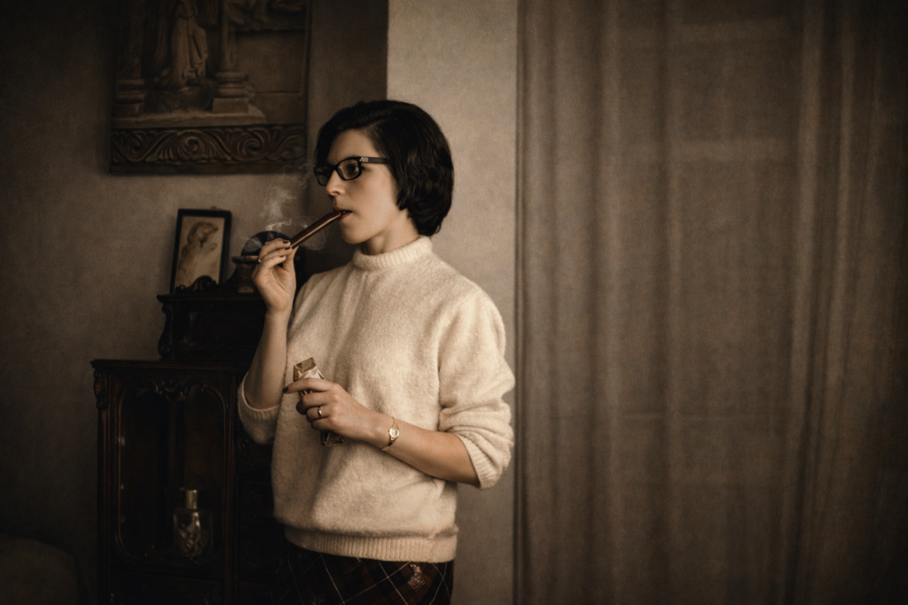Mulher com cachimbo em ambiente vintage