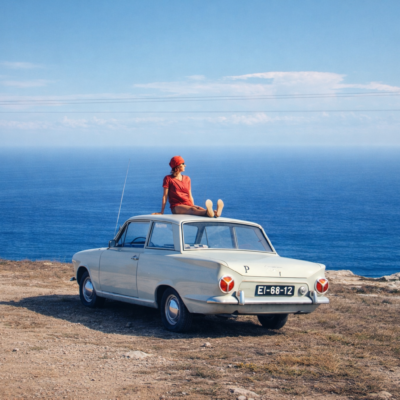 Mulher na cortina vintage à beira-mar