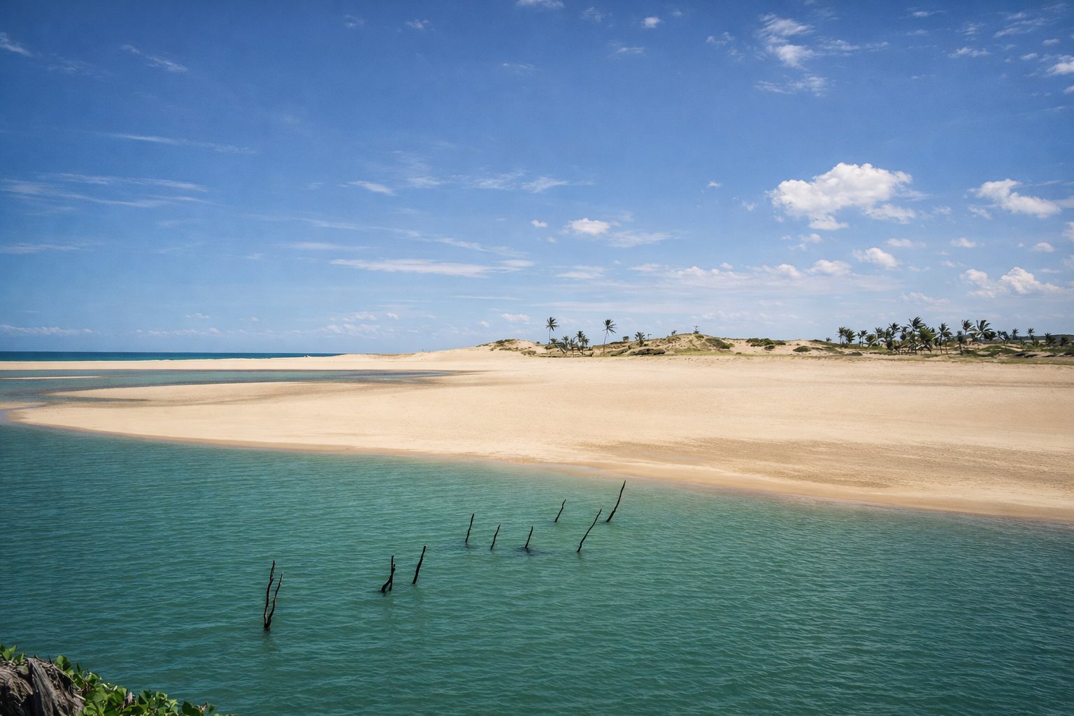 Laguna tranquila e praia dourada