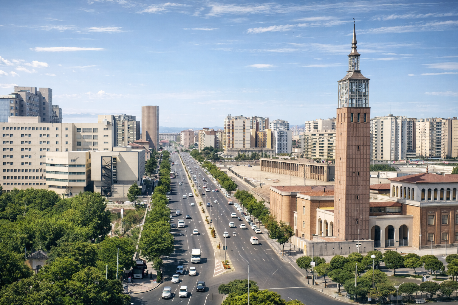 Vista da cidade com torre e avenida
