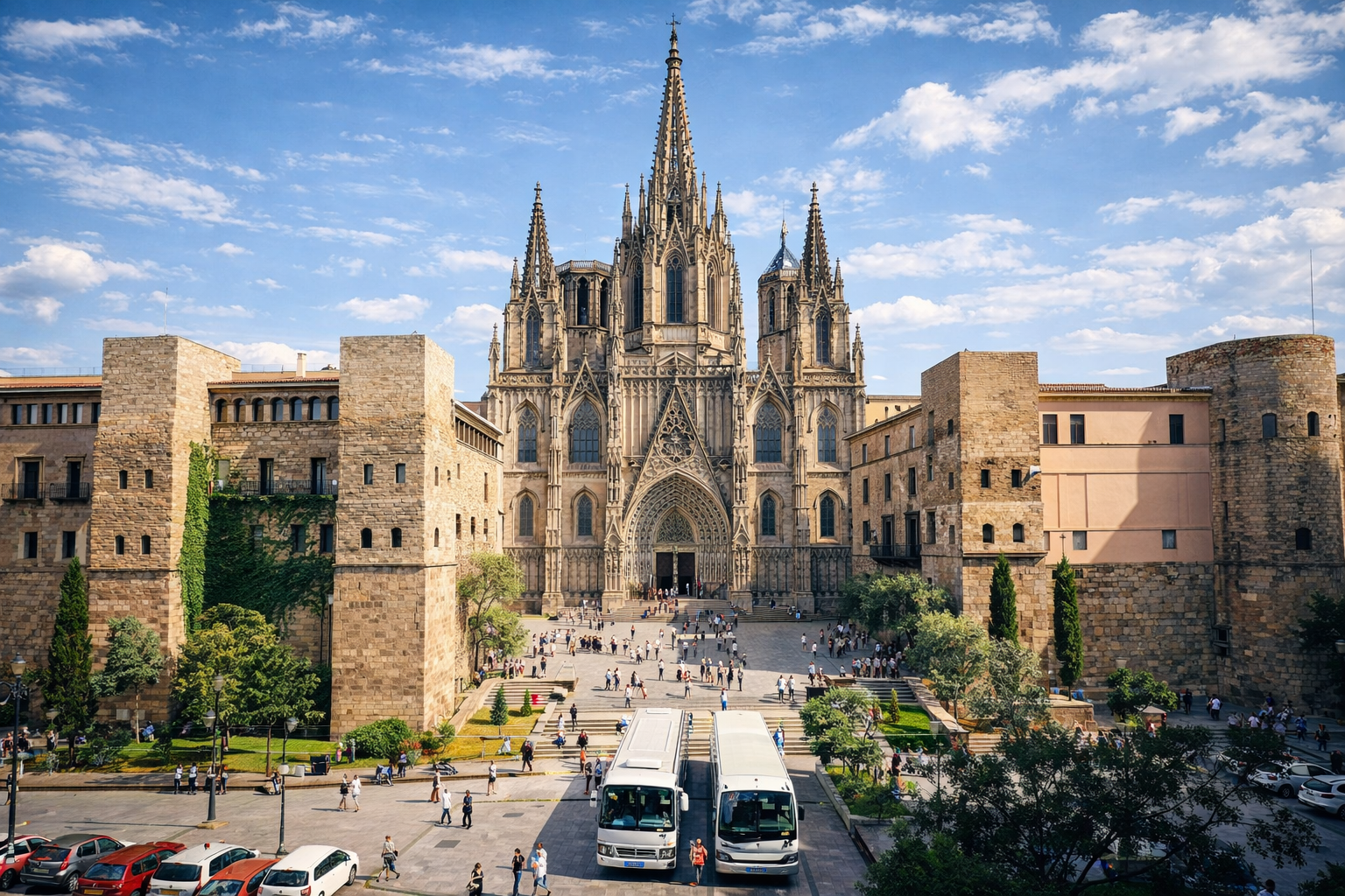 Catedral de Barcelona e praça movimentada