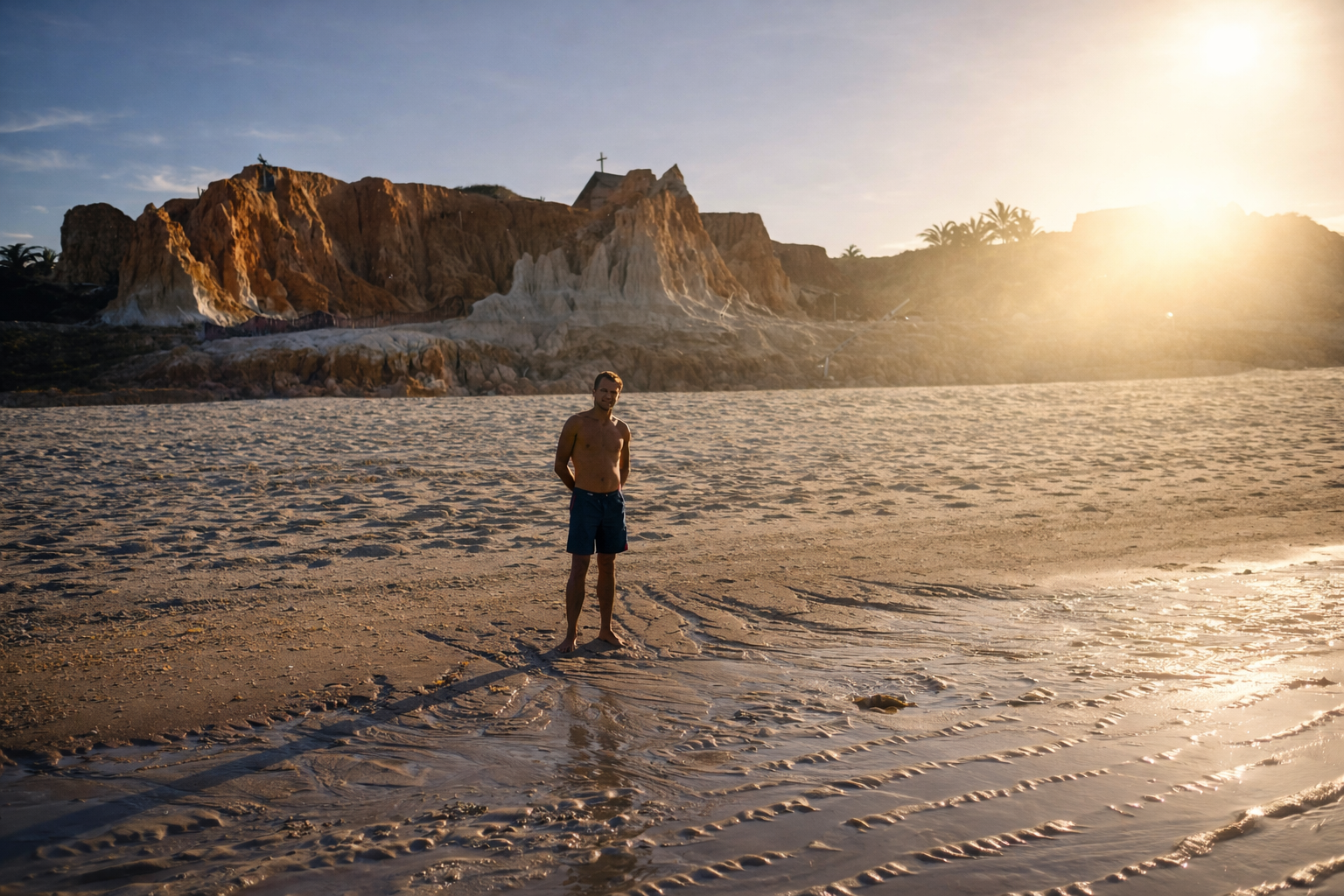 Homem na praia ao pôr do sol