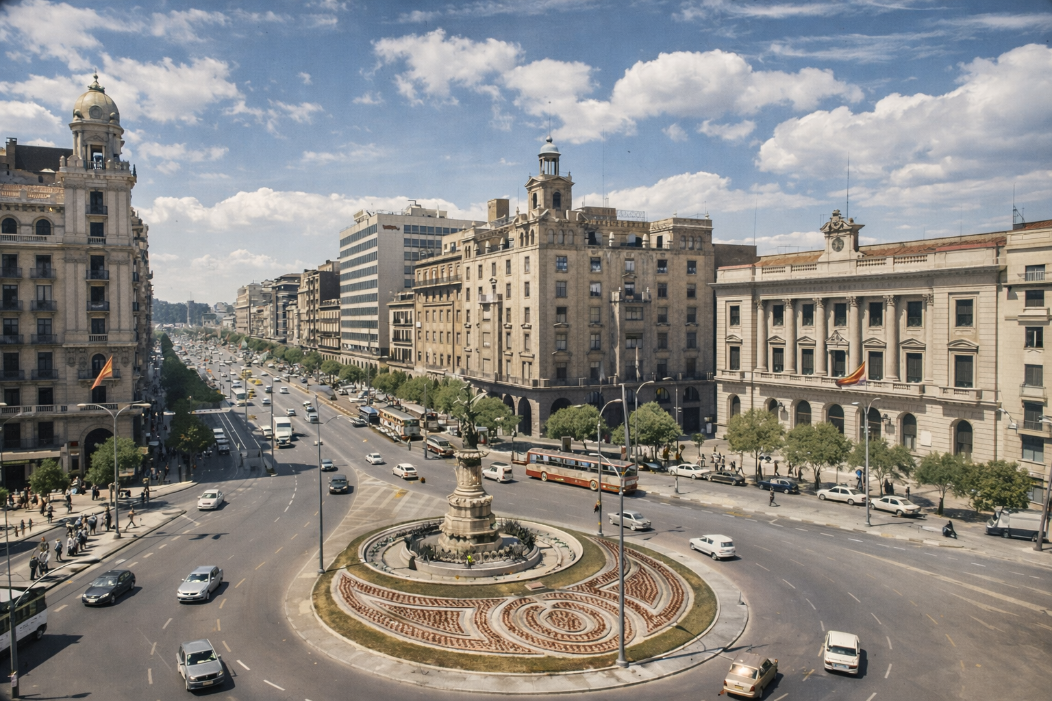 Praça com fonte e edifícios históricos