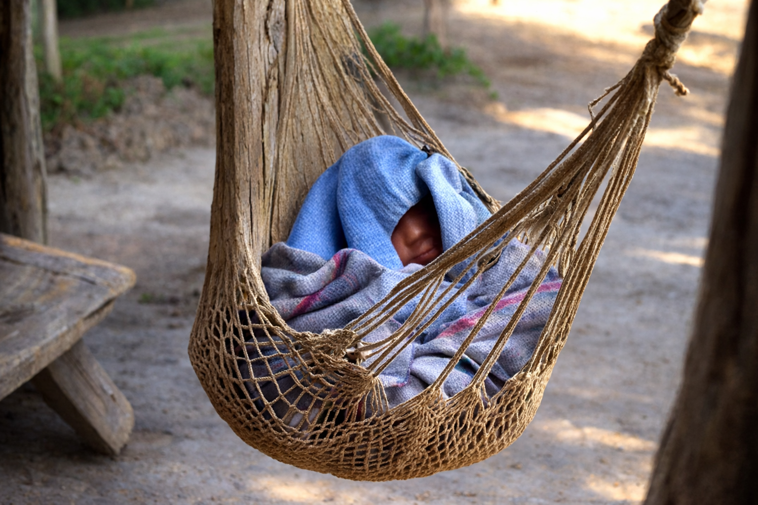 Bebé a dormir em rede artesanal