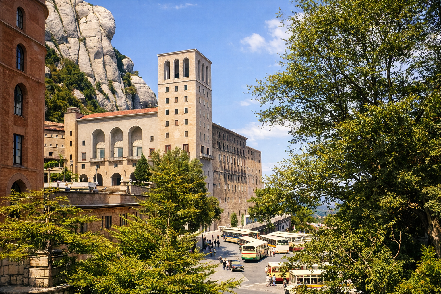 Mosteiro de Montserrat com montanhas ao fundo