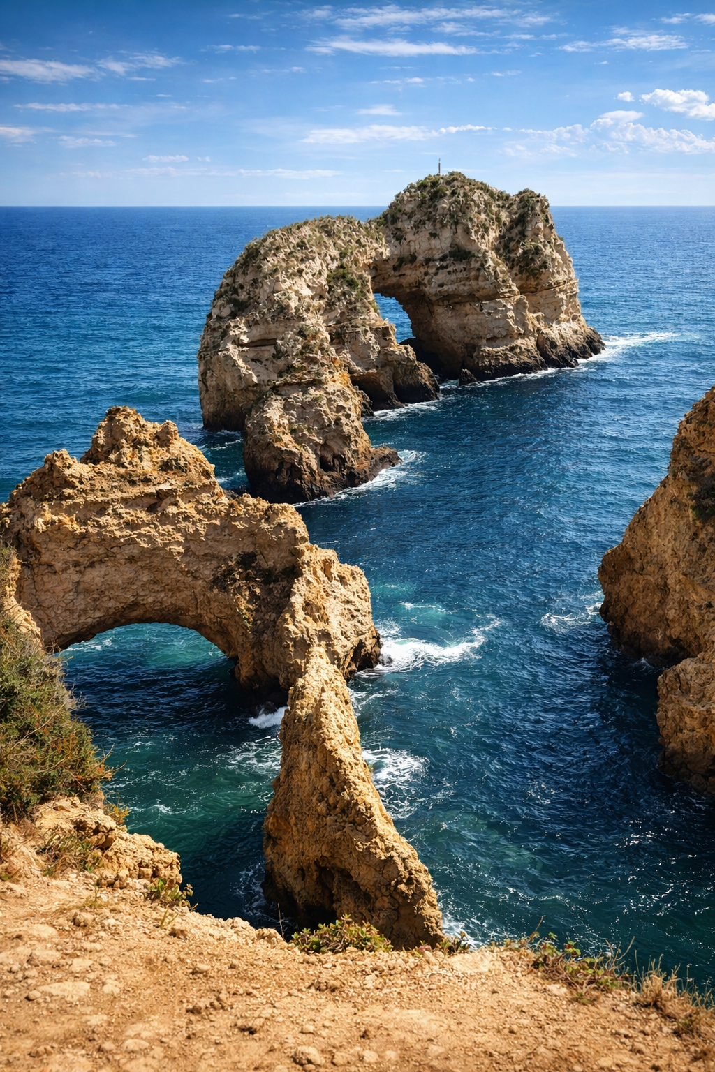 Arco de calcário e o mar azul